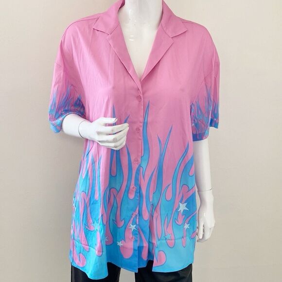 dELiA*s x Dolls Kill Pink & Blue Flame Oversized Button Down Bowling Shirt - Picture 1 of 4